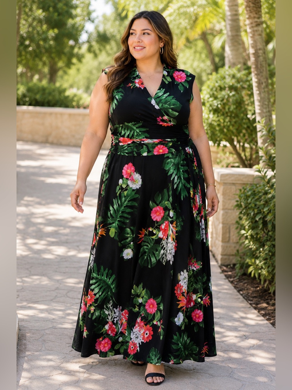 Vince Camuto Tropical Floral Maxi Dress Black V Neck Ruched Stretch Resort Sz XL